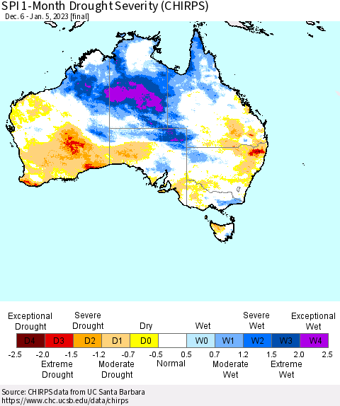 Australia SPI 1-Month Drought Severity (CHIRPS) Thematic Map For 12/6/2022 - 1/5/2023