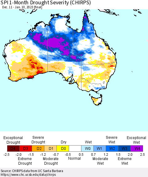 Australia SPI 1-Month Drought Severity (CHIRPS) Thematic Map For 12/11/2022 - 1/10/2023