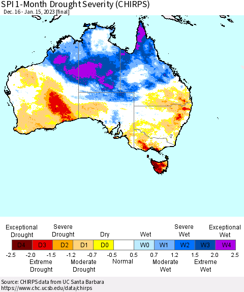 Australia SPI 1-Month Drought Severity (CHIRPS) Thematic Map For 12/16/2022 - 1/15/2023