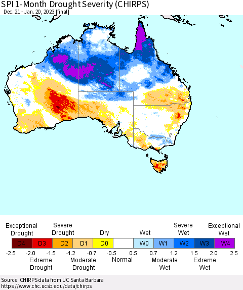 Australia SPI 1-Month Drought Severity (CHIRPS) Thematic Map For 12/21/2022 - 1/20/2023