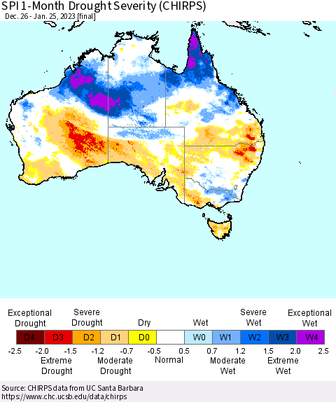 Australia SPI 1-Month Drought Severity (CHIRPS) Thematic Map For 12/26/2022 - 1/25/2023