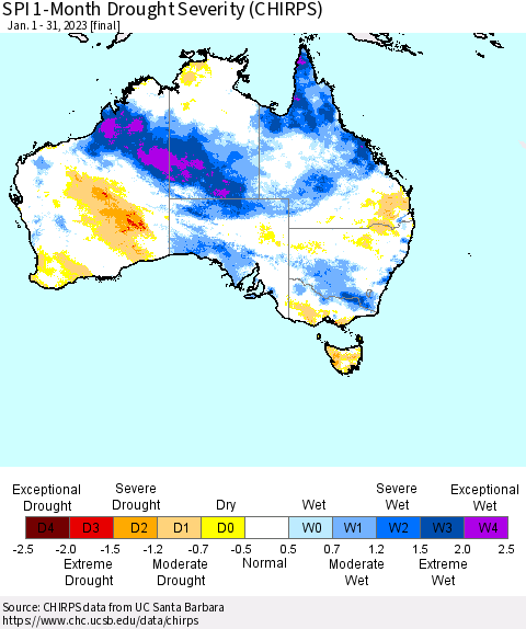 Australia SPI 1-Month Drought Severity (CHIRPS) Thematic Map For 1/1/2023 - 1/31/2023