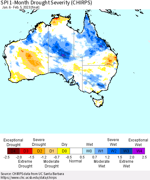 Australia SPI 1-Month Drought Severity (CHIRPS) Thematic Map For 1/6/2023 - 2/5/2023