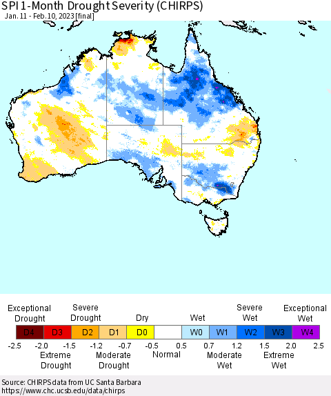 Australia SPI 1-Month Drought Severity (CHIRPS) Thematic Map For 1/11/2023 - 2/10/2023