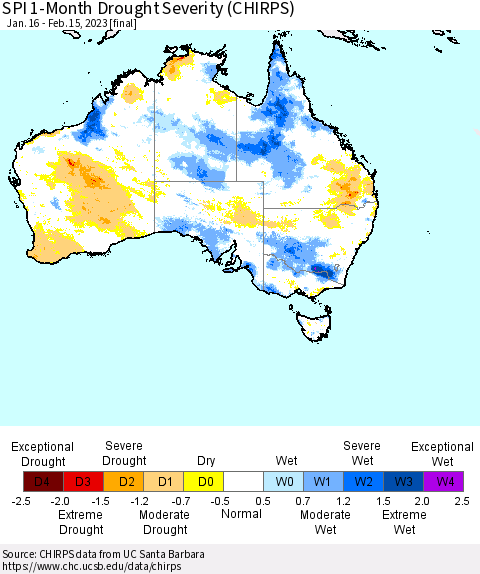 Australia SPI 1-Month Drought Severity (CHIRPS) Thematic Map For 1/16/2023 - 2/15/2023