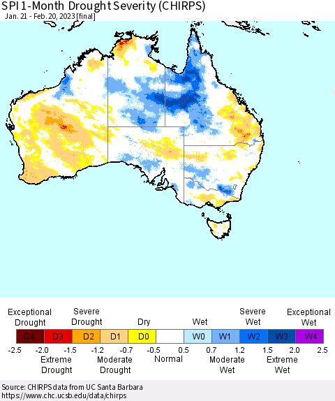 Australia SPI 1-Month Drought Severity (CHIRPS) Thematic Map For 1/21/2023 - 2/20/2023