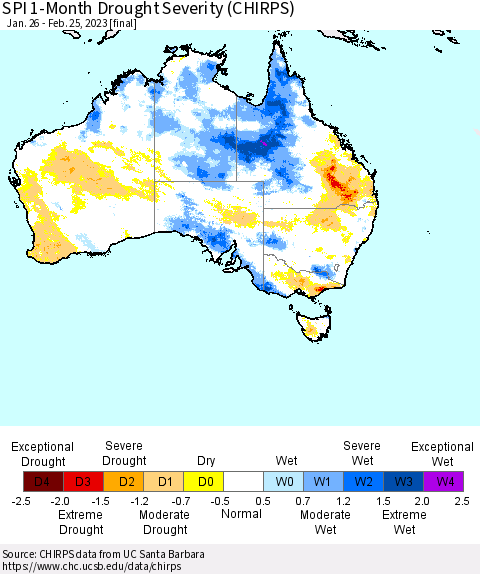 Australia SPI 1-Month Drought Severity (CHIRPS) Thematic Map For 1/26/2023 - 2/25/2023