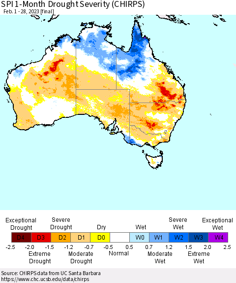 Australia SPI 1-Month Drought Severity (CHIRPS) Thematic Map For 2/1/2023 - 2/28/2023