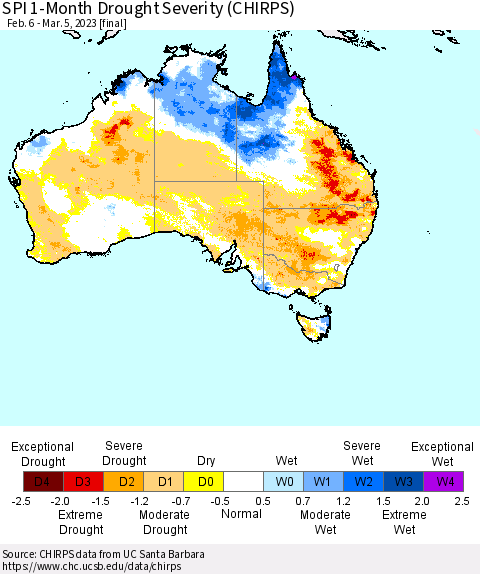 Australia SPI 1-Month Drought Severity (CHIRPS) Thematic Map For 2/6/2023 - 3/5/2023