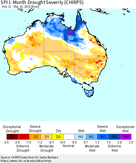Australia SPI 1-Month Drought Severity (CHIRPS) Thematic Map For 2/11/2023 - 3/10/2023