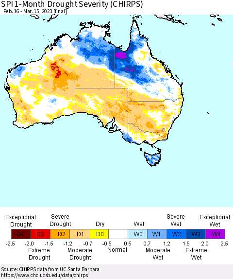 Australia SPI 1-Month Drought Severity (CHIRPS) Thematic Map For 2/16/2023 - 3/15/2023