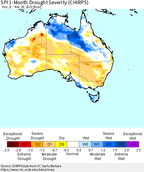 Australia SPI 1-Month Drought Severity (CHIRPS) Thematic Map For 2/21/2023 - 3/20/2023