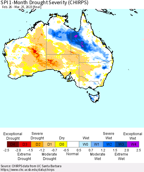Australia SPI 1-Month Drought Severity (CHIRPS) Thematic Map For 2/26/2023 - 3/25/2023