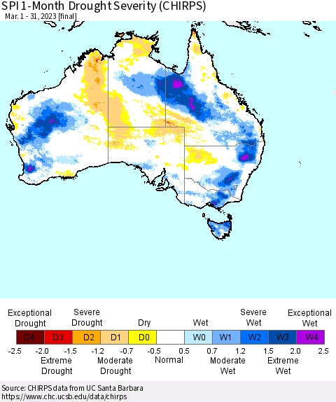 Australia SPI 1-Month Drought Severity (CHIRPS) Thematic Map For 3/1/2023 - 3/31/2023