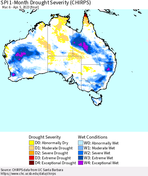 Australia SPI 1-Month Drought Severity (CHIRPS) Thematic Map For 3/6/2023 - 4/5/2023