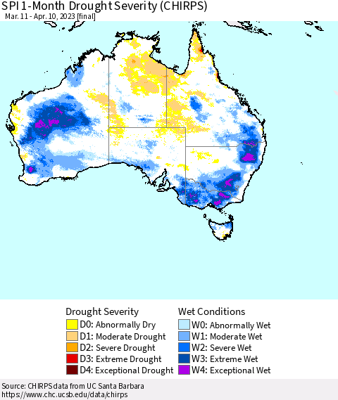 Australia SPI 1-Month Drought Severity (CHIRPS) Thematic Map For 3/11/2023 - 4/10/2023