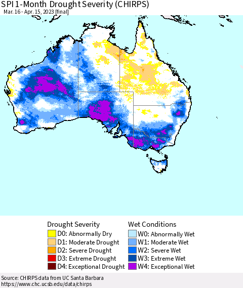 Australia SPI 1-Month Drought Severity (CHIRPS) Thematic Map For 3/16/2023 - 4/15/2023