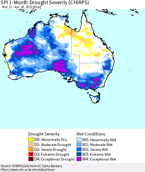 Australia SPI 1-Month Drought Severity (CHIRPS) Thematic Map For 3/21/2023 - 4/20/2023