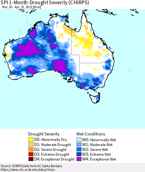 Australia SPI 1-Month Drought Severity (CHIRPS) Thematic Map For 3/26/2023 - 4/25/2023