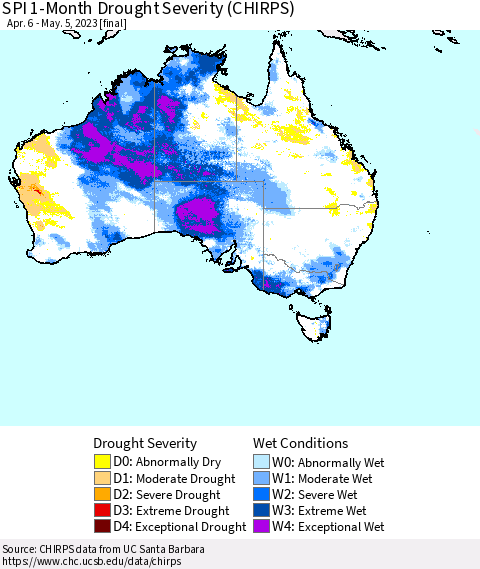 Australia SPI 1-Month Drought Severity (CHIRPS) Thematic Map For 4/6/2023 - 5/5/2023