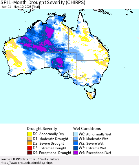 Australia SPI 1-Month Drought Severity (CHIRPS) Thematic Map For 4/11/2023 - 5/10/2023