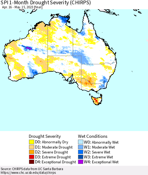 Australia SPI 1-Month Drought Severity (CHIRPS) Thematic Map For 4/16/2023 - 5/15/2023