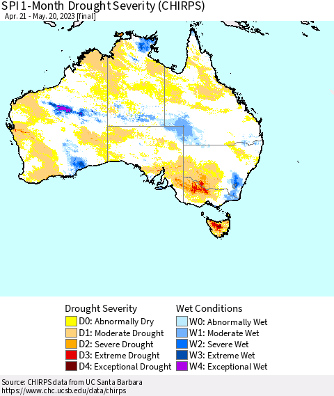 Australia SPI 1-Month Drought Severity (CHIRPS) Thematic Map For 4/21/2023 - 5/20/2023