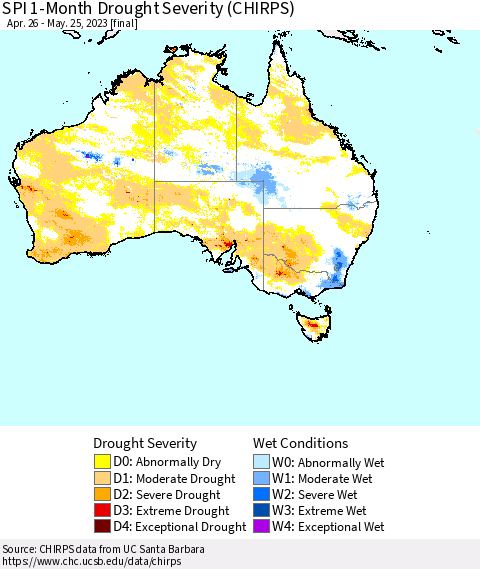 Australia SPI 1-Month Drought Severity (CHIRPS) Thematic Map For 4/26/2023 - 5/25/2023