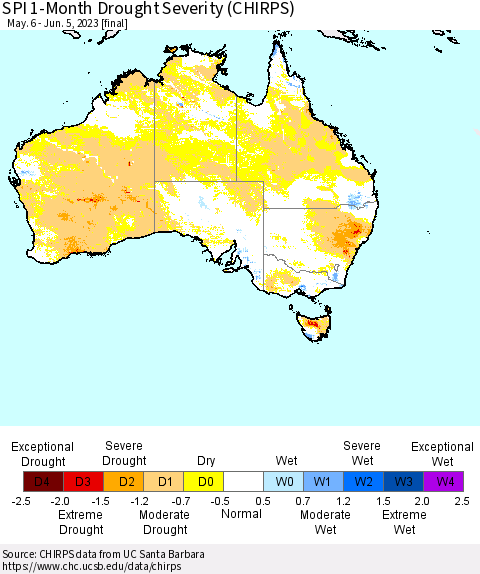 Australia SPI 1-Month Drought Severity (CHIRPS) Thematic Map For 5/6/2023 - 6/5/2023