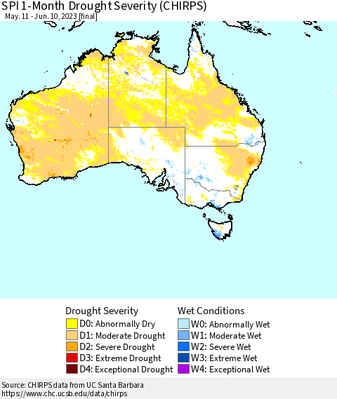 Australia SPI 1-Month Drought Severity (CHIRPS) Thematic Map For 5/11/2023 - 6/10/2023
