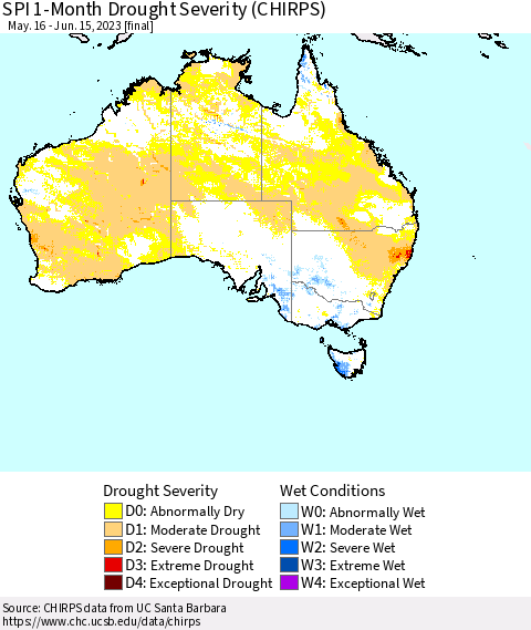 Australia SPI 1-Month Drought Severity (CHIRPS) Thematic Map For 5/16/2023 - 6/15/2023