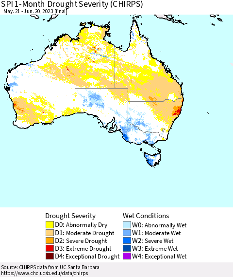 Australia SPI 1-Month Drought Severity (CHIRPS) Thematic Map For 5/21/2023 - 6/20/2023