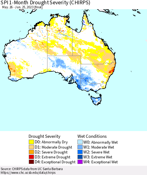 Australia SPI 1-Month Drought Severity (CHIRPS) Thematic Map For 5/26/2023 - 6/25/2023