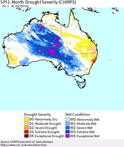Australia SPI 1-Month Drought Severity (CHIRPS) Thematic Map For 6/1/2023 - 6/30/2023