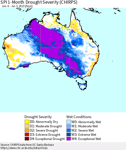 Australia SPI 1-Month Drought Severity (CHIRPS) Thematic Map For 6/6/2023 - 7/5/2023