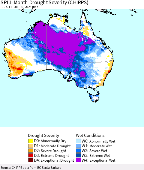 Australia SPI 1-Month Drought Severity (CHIRPS) Thematic Map For 6/11/2023 - 7/10/2023