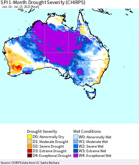 Australia SPI 1-Month Drought Severity (CHIRPS) Thematic Map For 6/16/2023 - 7/15/2023