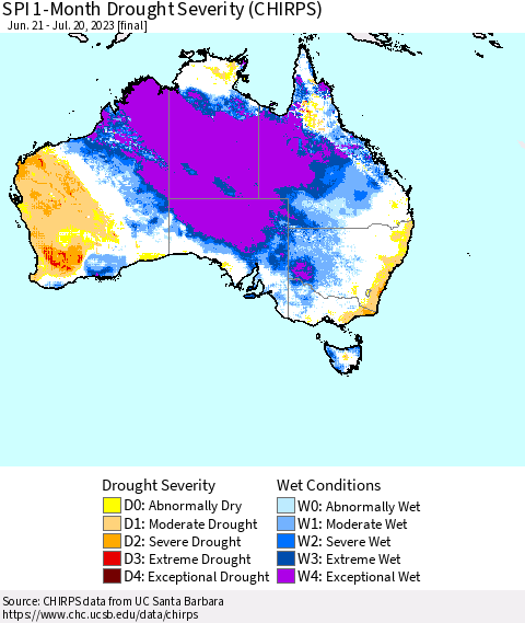 Australia SPI 1-Month Drought Severity (CHIRPS) Thematic Map For 6/21/2023 - 7/20/2023