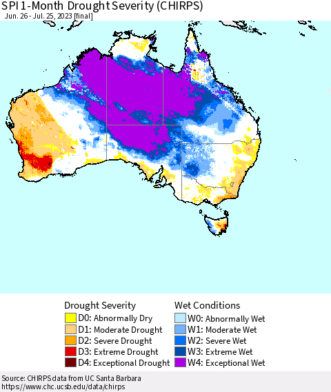 Australia SPI 1-Month Drought Severity (CHIRPS) Thematic Map For 6/26/2023 - 7/25/2023