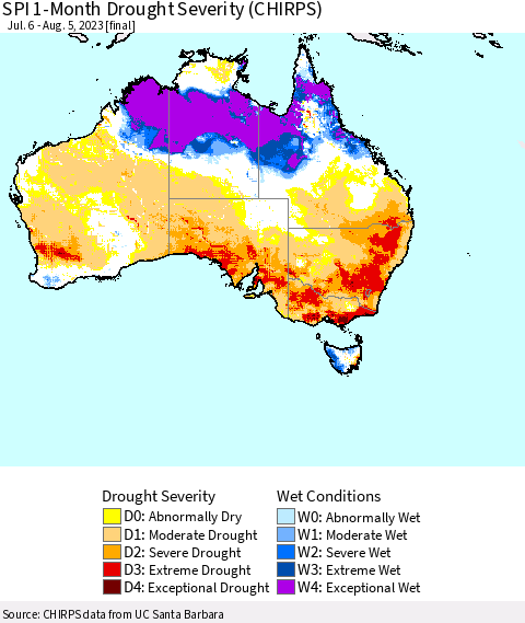 Australia SPI 1-Month Drought Severity (CHIRPS) Thematic Map For 7/6/2023 - 8/5/2023