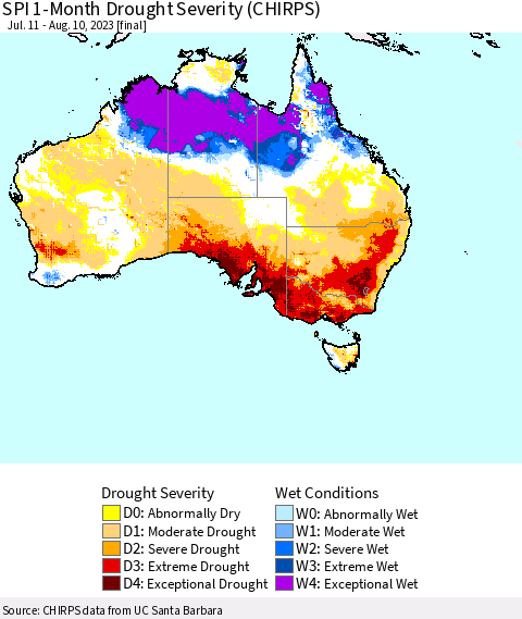 Australia SPI 1-Month Drought Severity (CHIRPS) Thematic Map For 7/11/2023 - 8/10/2023