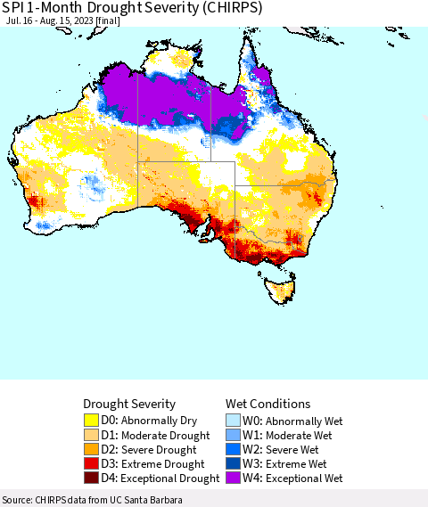 Australia SPI 1-Month Drought Severity (CHIRPS) Thematic Map For 7/16/2023 - 8/15/2023