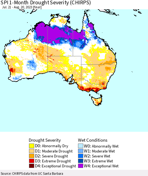 Australia SPI 1-Month Drought Severity (CHIRPS) Thematic Map For 7/21/2023 - 8/20/2023