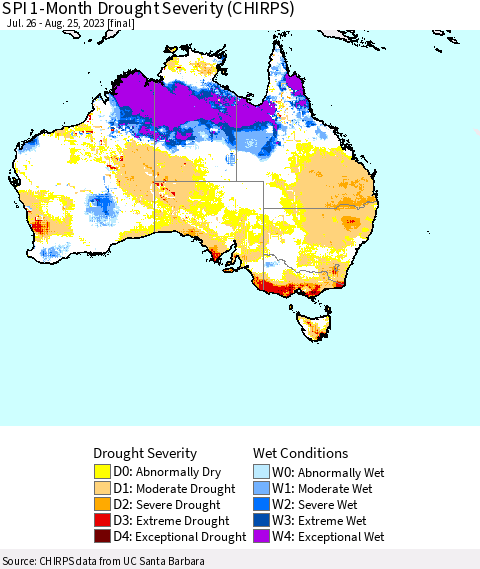 Australia SPI 1-Month Drought Severity (CHIRPS) Thematic Map For 7/26/2023 - 8/25/2023