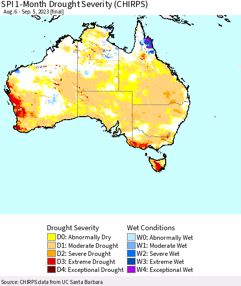 Australia SPI 1-Month Drought Severity (CHIRPS) Thematic Map For 8/6/2023 - 9/5/2023