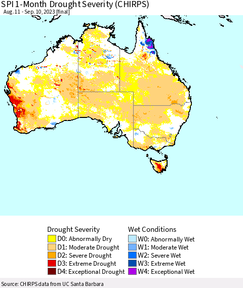 Australia SPI 1-Month Drought Severity (CHIRPS) Thematic Map For 8/11/2023 - 9/10/2023
