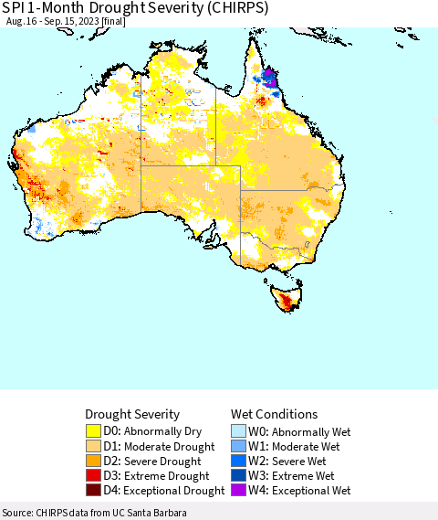Australia SPI 1-Month Drought Severity (CHIRPS) Thematic Map For 8/16/2023 - 9/15/2023