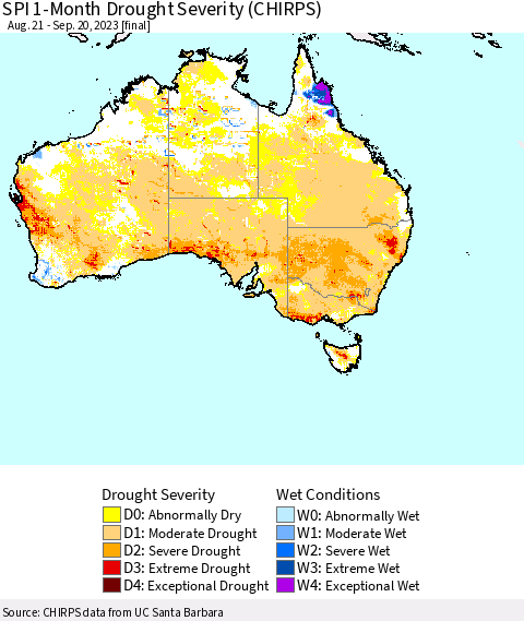Australia SPI 1-Month Drought Severity (CHIRPS) Thematic Map For 8/21/2023 - 9/20/2023