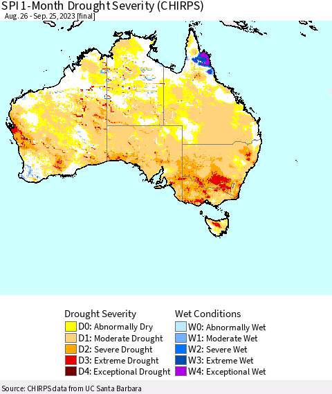 Australia SPI 1-Month Drought Severity (CHIRPS) Thematic Map For 8/26/2023 - 9/25/2023