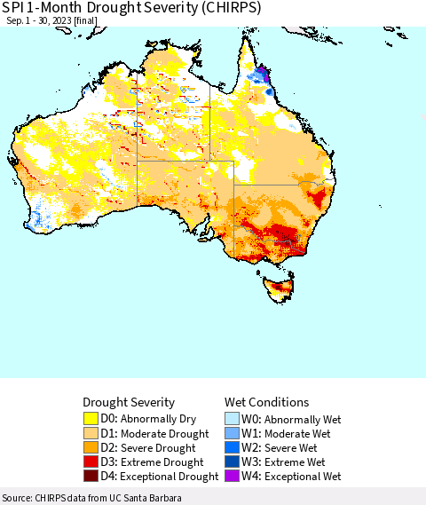 Australia SPI 1-Month Drought Severity (CHIRPS) Thematic Map For 9/1/2023 - 9/30/2023